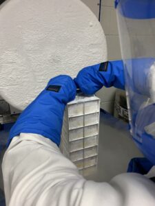 Lab technician holding skein of boxes containing cell line vials preserved in liquid nitrogen.