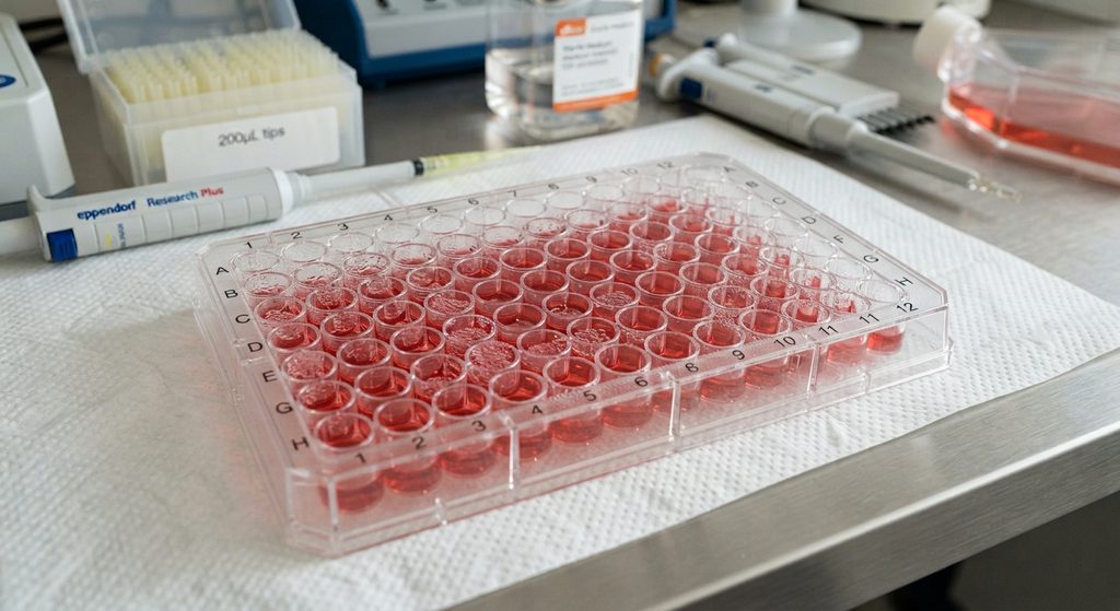 ADC cell line development: scientist examining CHO cell clones in a well plate for antibody-drug conjugate programs