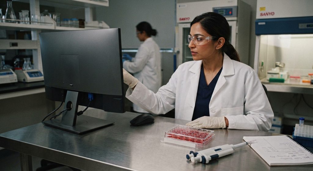 AI in cell line development: scientist reviewing machine learning clone ranking data beside CHO cell culture plates