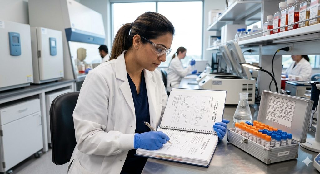 Scientist reviewing cell line technology transfer documentation beside labeled cryovials